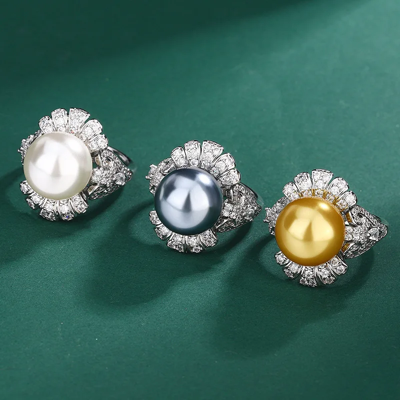 

Jewelry Natural Pearl Ring French Flower Inlaid Diamond White Shell Pearl Index Finger Ring Yellow Shell Pearl Ring