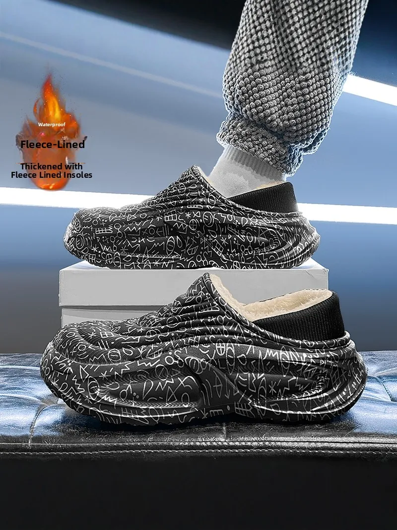 Men's Winter Fleece Lined Slip-Resistant Thick Bottom Slippers Warm Cotton Slippers for Outdoor Wear Waterproof Casual Slippers