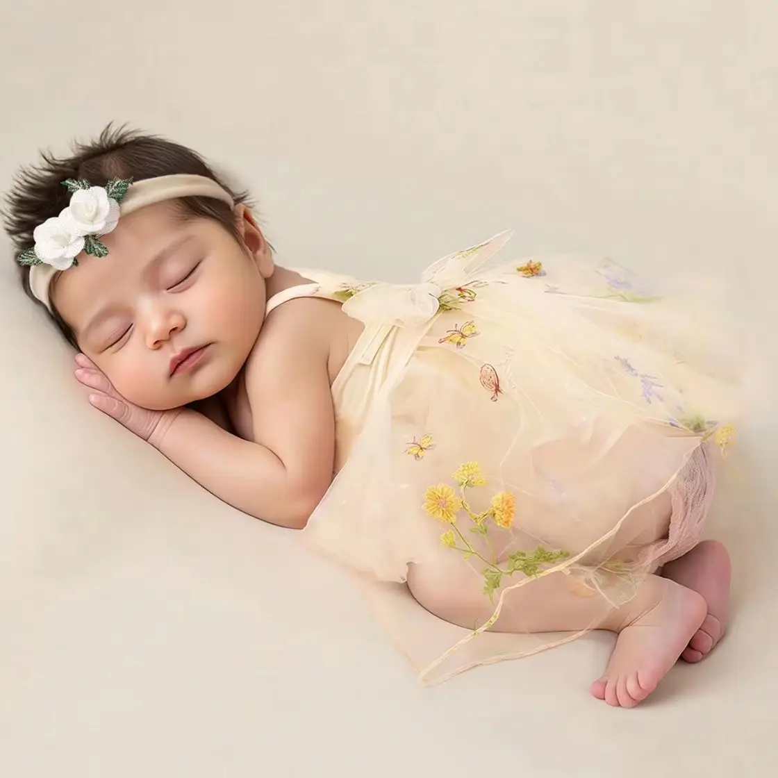 

Комплект для фотосессии новорожденных: 2 шт. бежевых вышитых ромперов с головным убором с маленькими цветами, для девочек 0-3 месяца