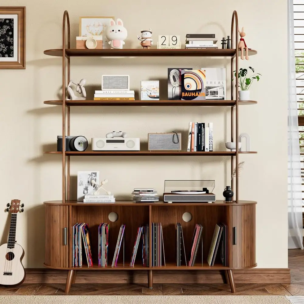 Contemporary 4-Tier Walnut Vinyl Record Storage Cabinet with Sliding Door and Media Display Shelf