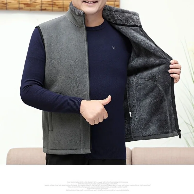 Men's Solid Autumn Winter Turtleneck Letter Pockets Flocked Sleeveless Zipper Cardigan Coats Vests Fashion Casual Vintage Tops