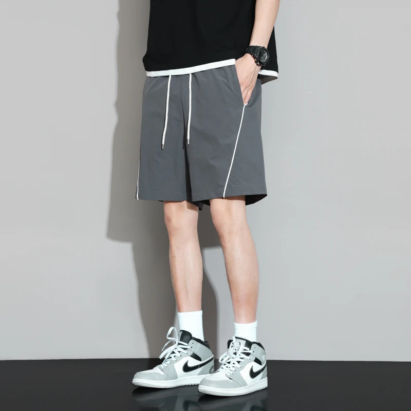 Men's Summer High Waist Striped Pockets Elastic Sports Casual Loose Trousers Fashion Preppy Style Office Lady Vintage Shorts