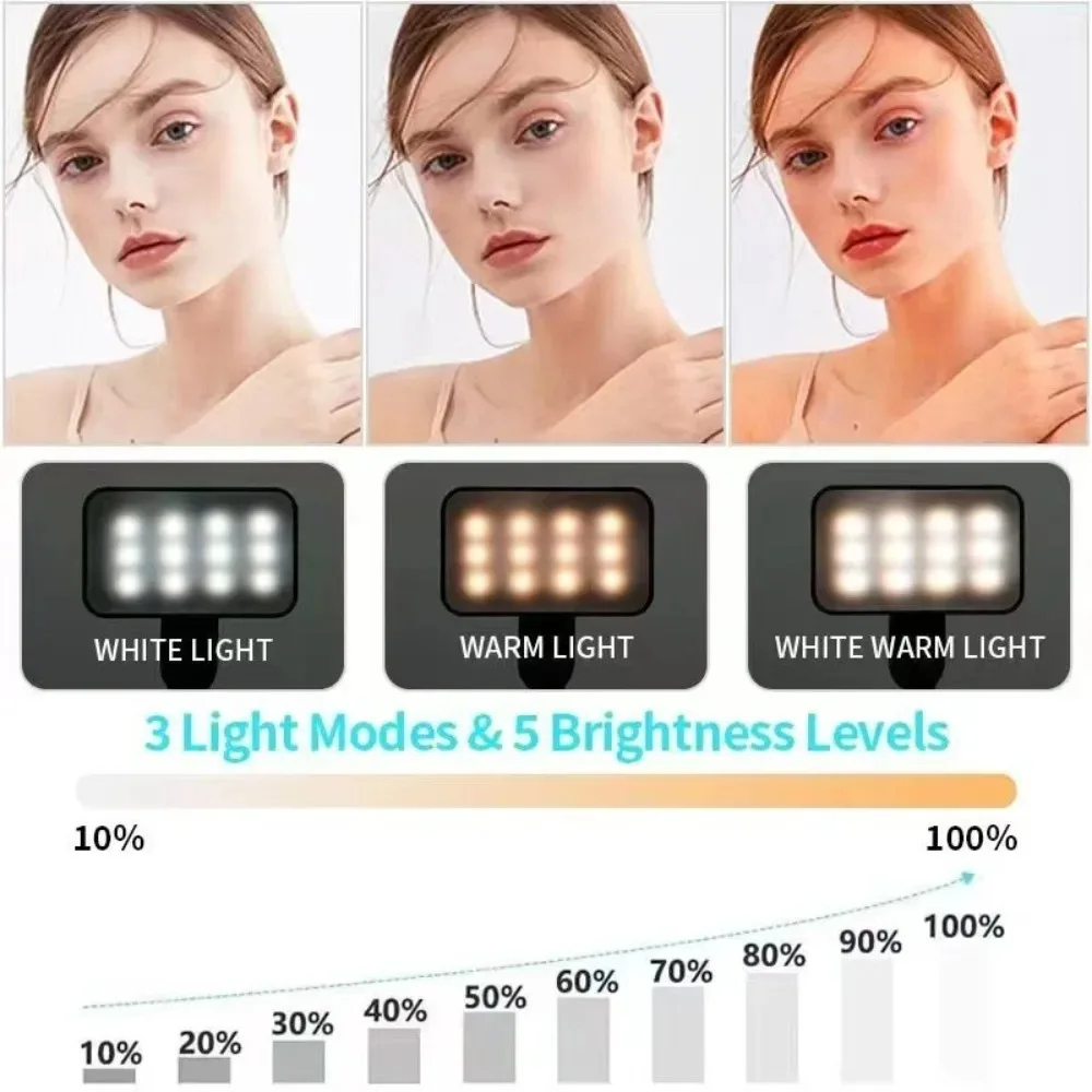 Portable Clip Selfie Fill Light USB Rechargeable Mini Lamp 3 Brightness Levels for Phone Computer Live Photography