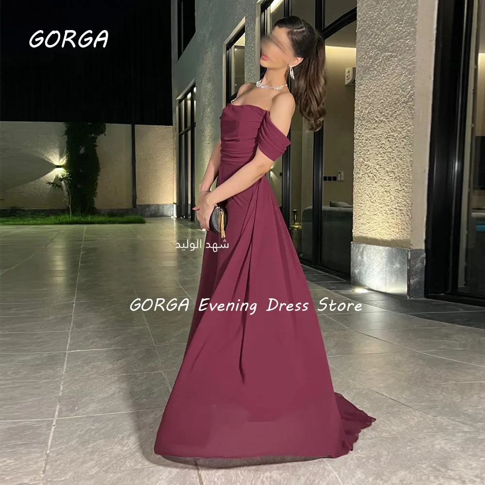 GORGA Wine Red Off The Shoulder Mermaid 2024 Slim Chiffon Long Ocassion Gown Floor-Length Formal Evening Dress