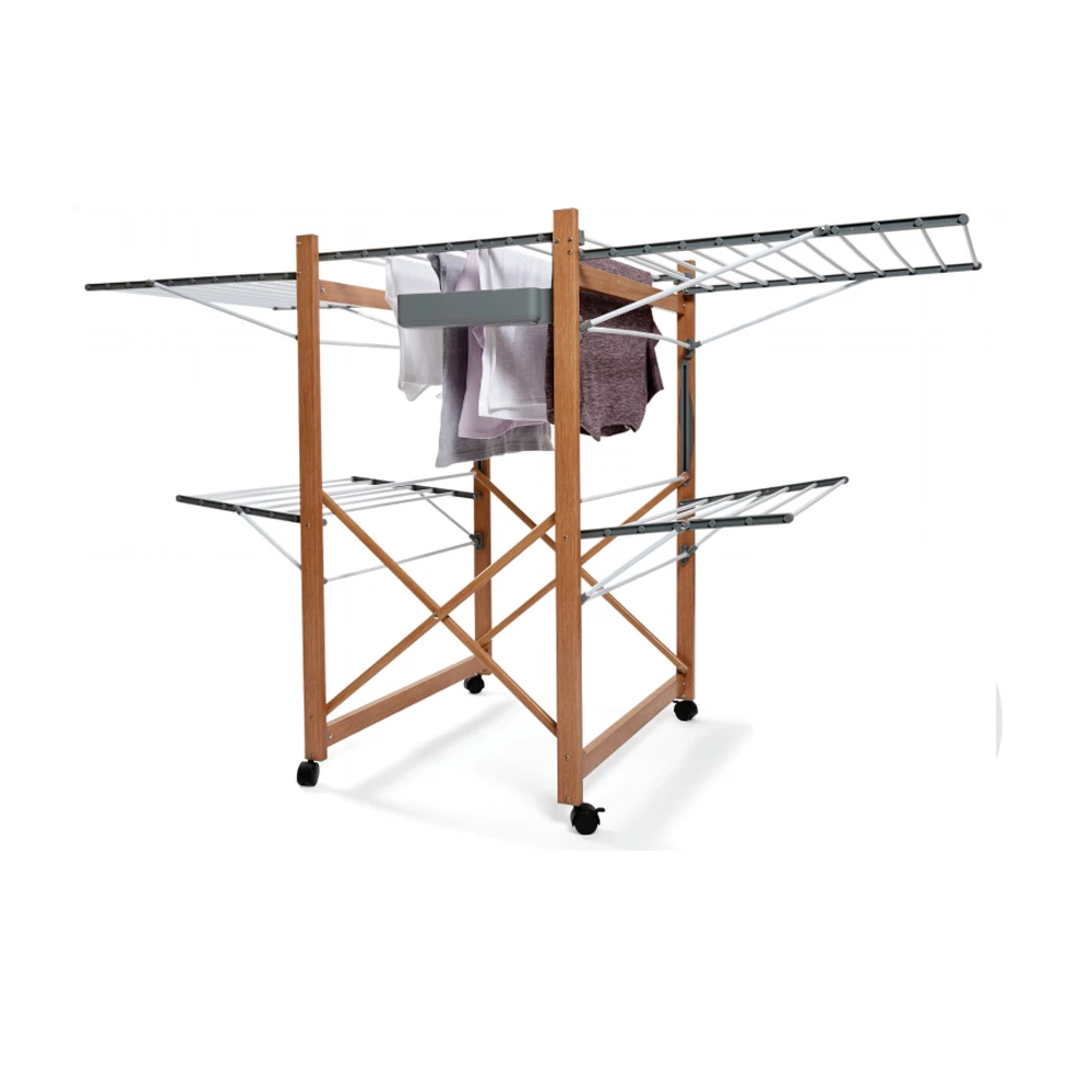 Folding wood grain drying rack/metal hanger floor standing/laundry towel hanger