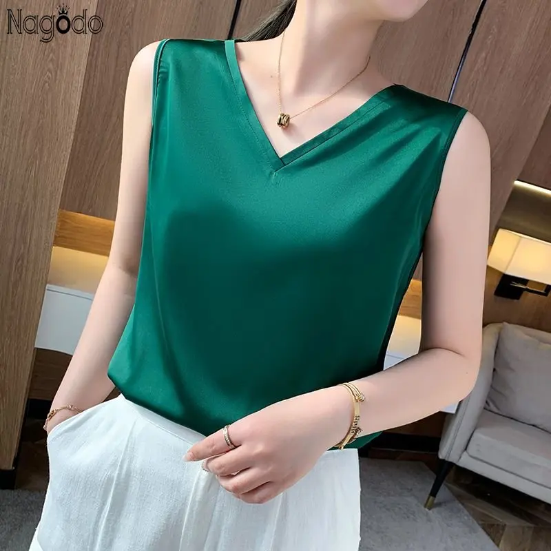 2023 High Quality Summer V-Neck Silk Satin Tank Top Office Lady Blouse Women Sleeveless Vest Plus Size Bottoming T-Shirt