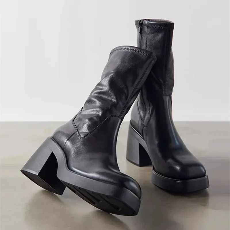 

Black Leather Knee High Boots Side Zipper Wear-Resistant Long Ladies Shoes Plus Velvet Botas Mujer Chunky Heels Sapatos Feminino