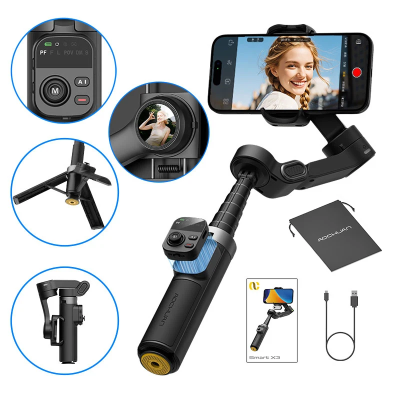 AOCHUAN Smart X3 360 °   Pan Rotation Gimbal-Stabilisator für iPhone und Android-Smartphones, 3-Achsen-Stabilisator mit integrierter Verlängerungsstange und ein-Tasten-Stativöffnung, faltbarer