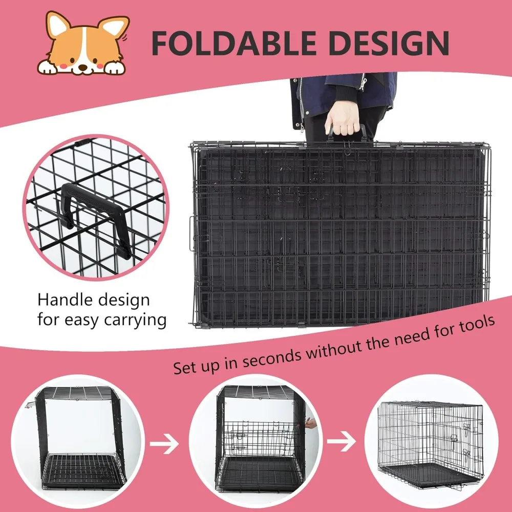 Caja para perros plegable extra grande de metal con puertas dobles, 48 pulgadas, bandeja extraíble y panel divisorio