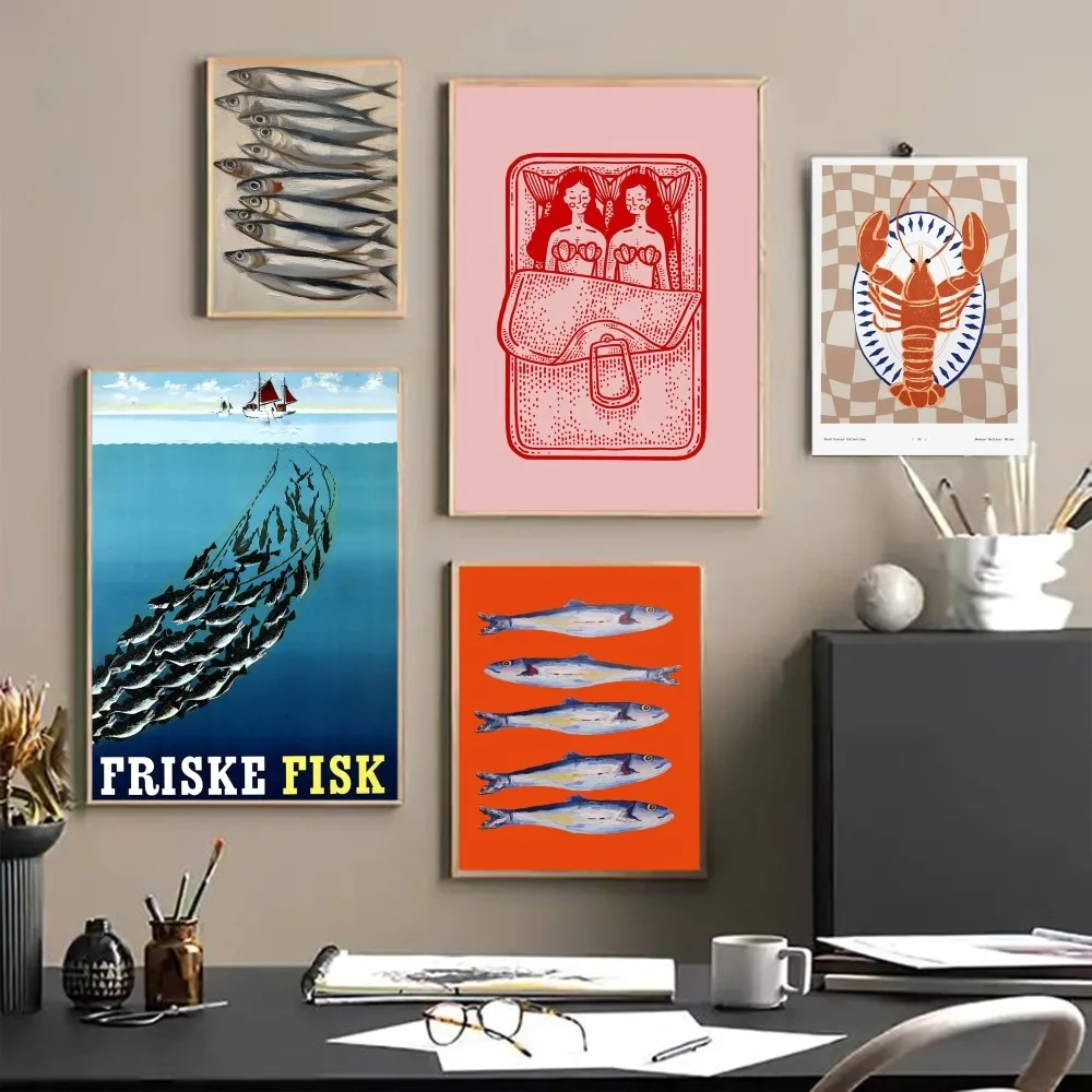 Colorato Sardine aragosta pesce oceano animale fai da te Poster appiccicoso stampe bianche Poster opere d\'arte Nordic Home Decor