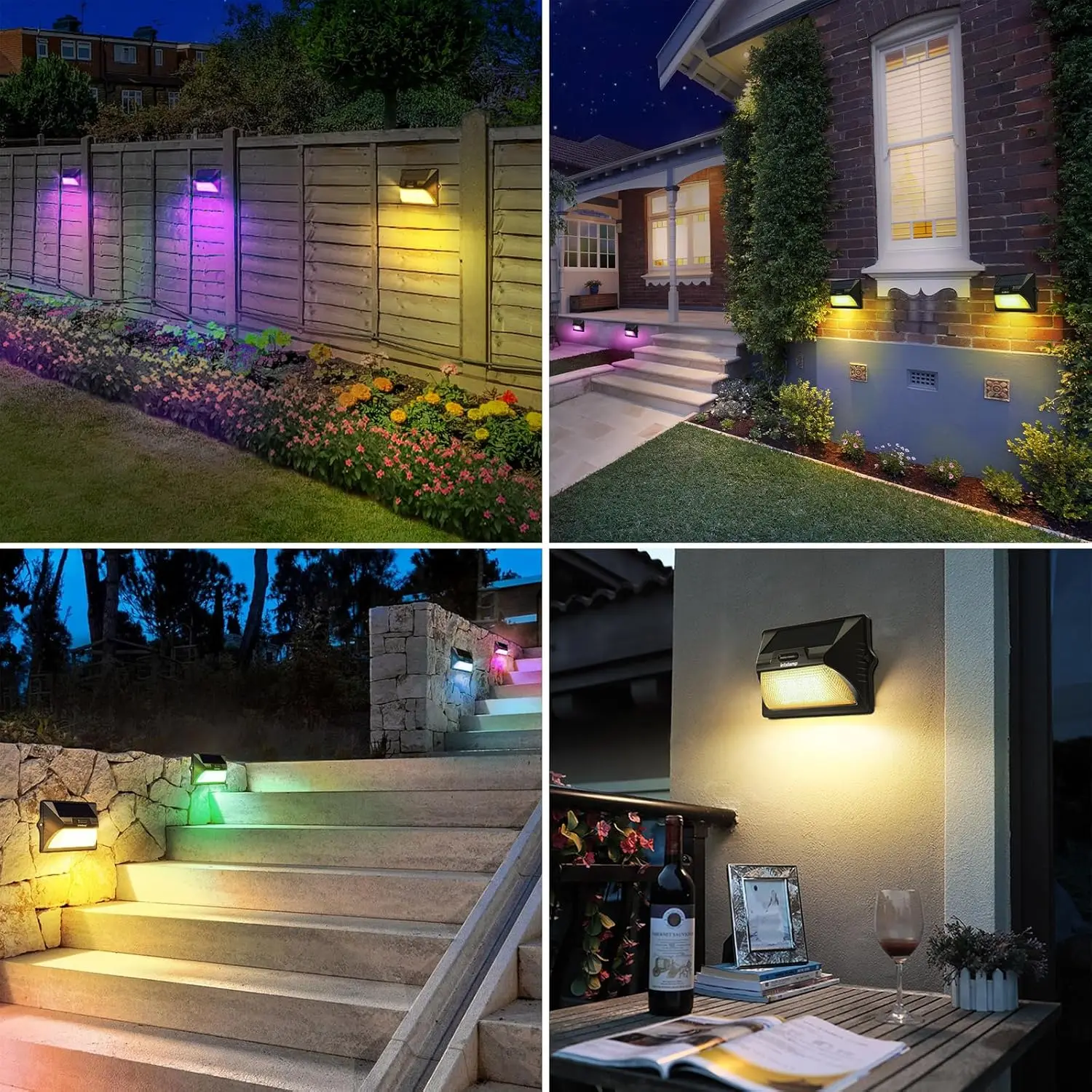9 RGB Color Change Deck Lights Solar Fence Lights Outdoor Waterproof Solar Powered LED Wall Lamp Patio Yard Steps Stairs Light