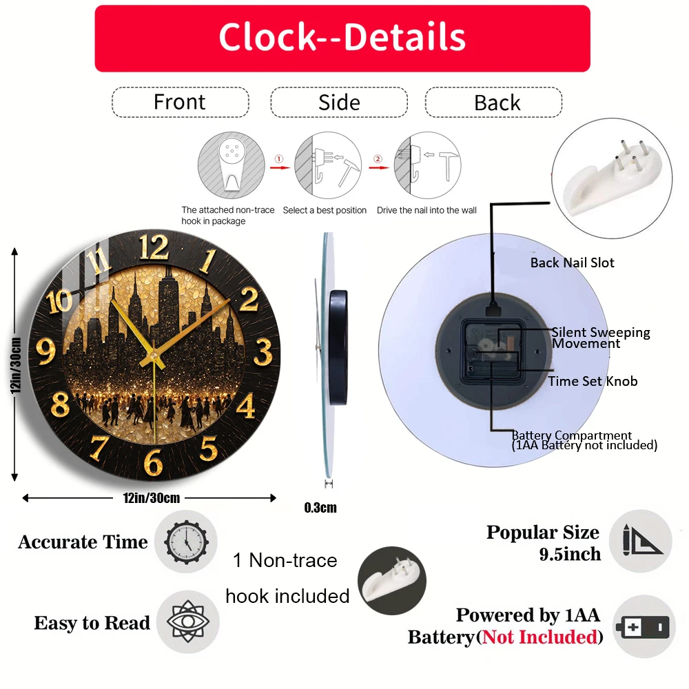 Tempered Glass Wall Clock Cityscape Silhouette Crowd Night Gold Clock Suitable For Wall Decor or Tabletop Display Anywhere