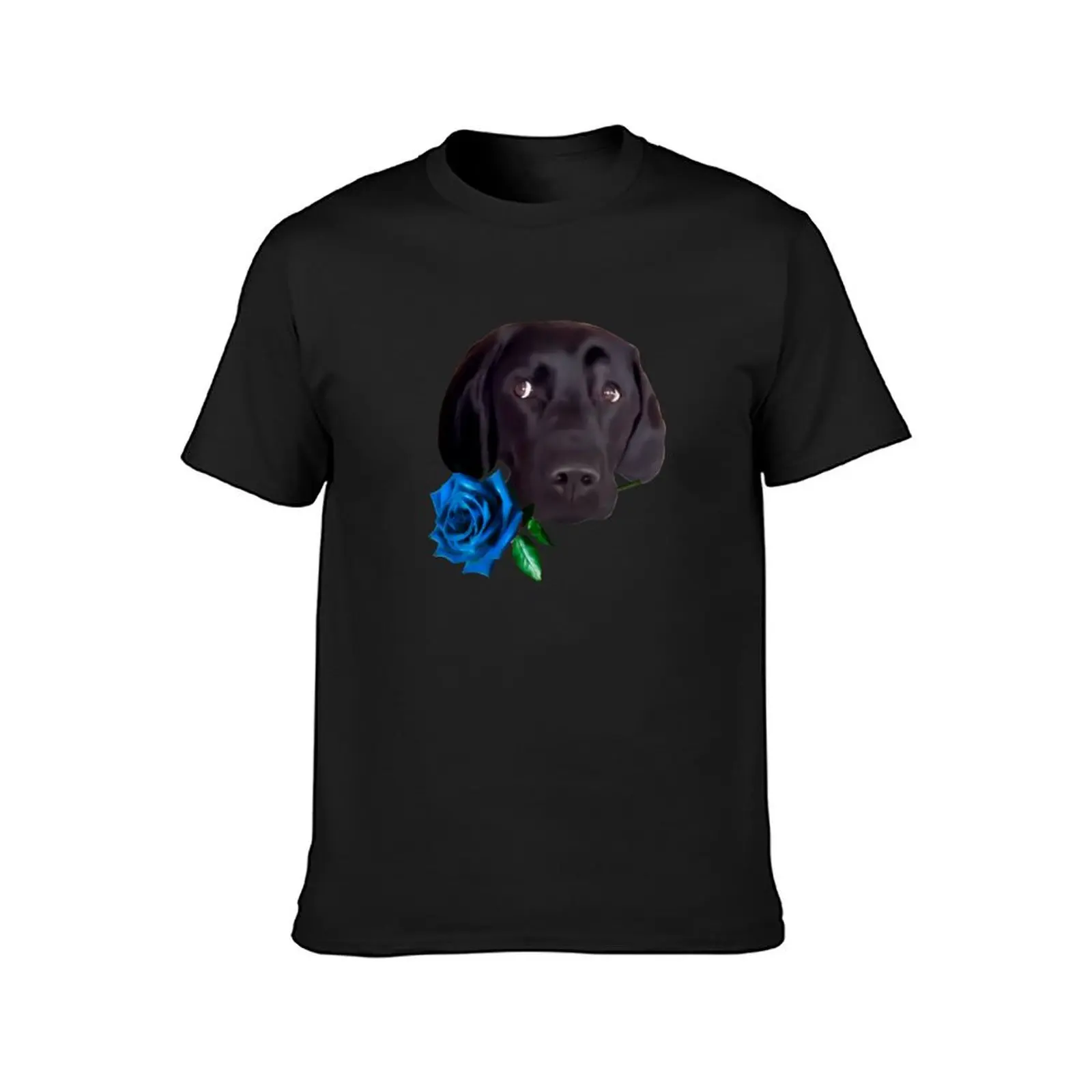 Muzzle of a black dog with a blue rose T-Shirt summer tops funnys vintage clothes men workout shirt