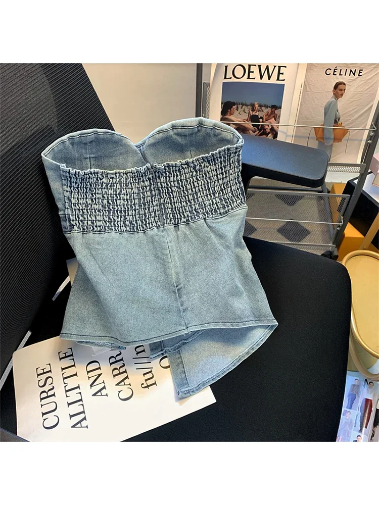 Women\'s Blue Crop Top Vintage Y2k Camisole 90s Aesthetic Streetwear 2000s Off Shoulder Sleeveless Tank Top Fashion 2024 Summer