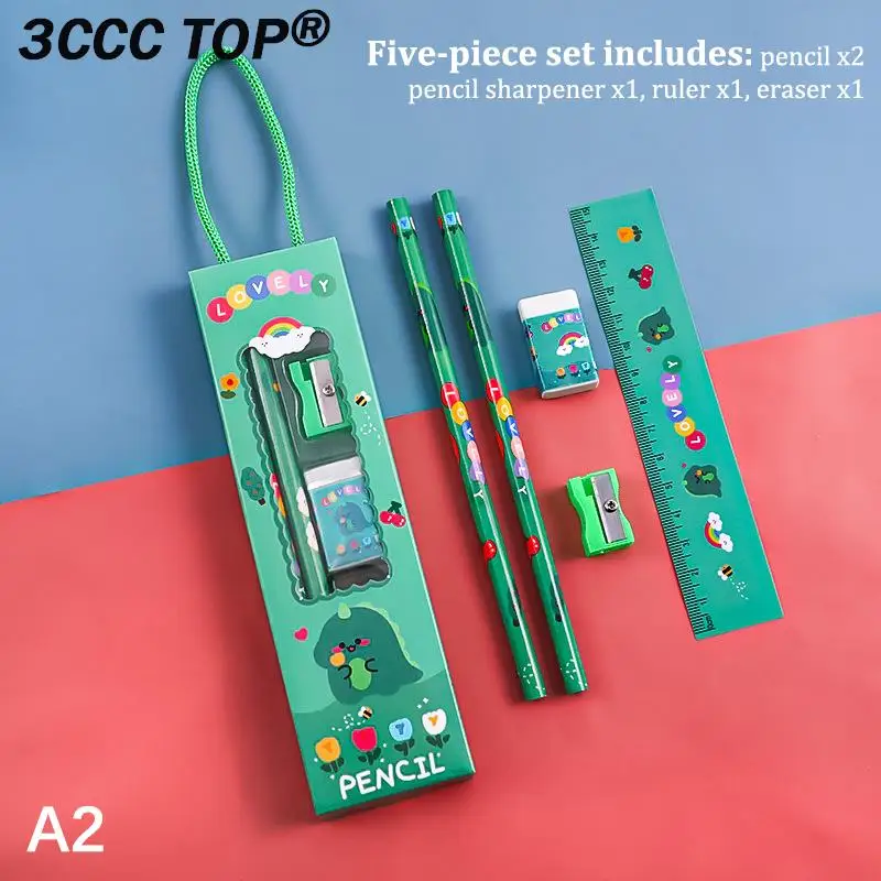 5Pcs/set Portable Stationery Set Cartoon Pencil Ruler Sharpener Eraser Set Gift For Kids School Office Writing Prize Stationery