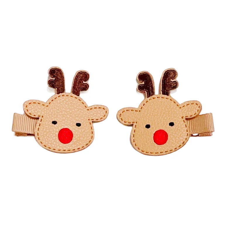 15Pairs Leather Reindeer Santa Hairpins Embroidery Gingerbread Man Hair Clips Xmas New Year Headwear Boutique Hair Accessories