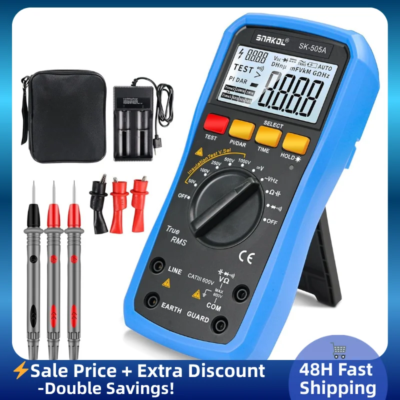 

SK-505A 2-in-1 Digital Insulation Resistance Tester + Multimeter 50V-1000V/20GΩ Ω/Cap/Continuity PI/DAR Auto Range