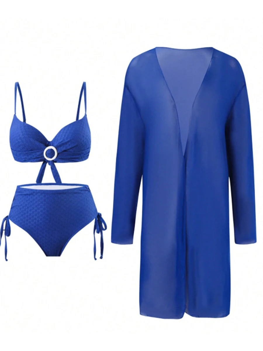 3 Pieces High Waist Bikini 2025 Women With Kimono Push Up Swimwear Female Sexy Swimsuit Solid Bathers Swimming Bathing Swim Suit