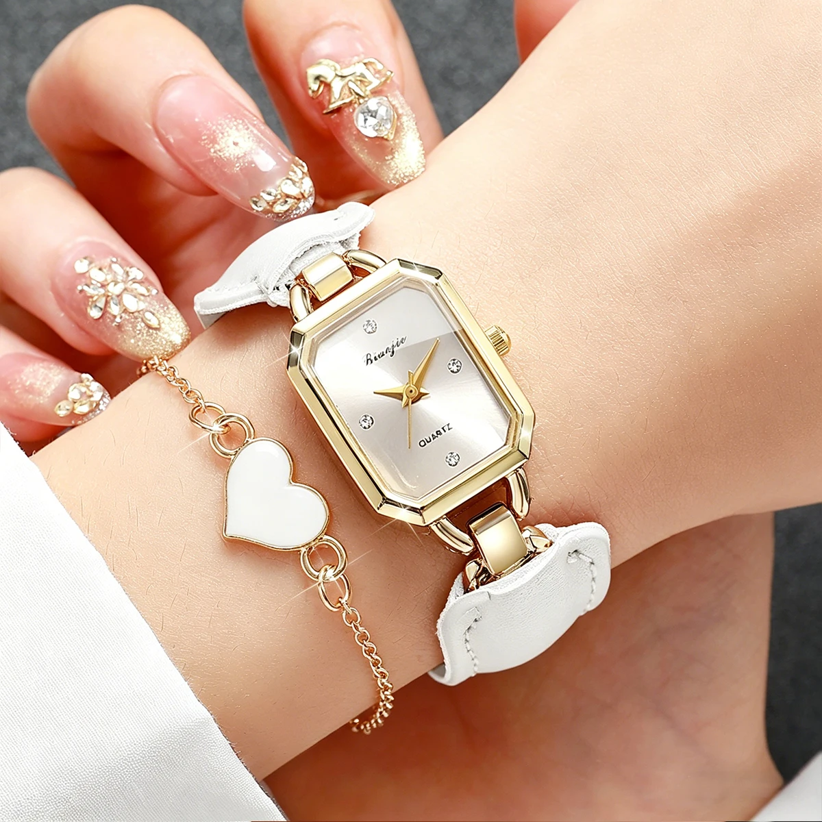 5PCS Fashion Rectangle Women Quartz Watch Heart Jewelry Set Casual Leather Strap Wristwatches for Girl Reloj Mujer (Without Box)