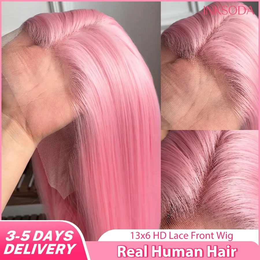 

13x6 Pink Wig Lace Front Human Hair Wig Brazilian 13x4 HD Lace Frontal Wigs Pre Plucked Pre Bleached Bone Straight Colored Wigs