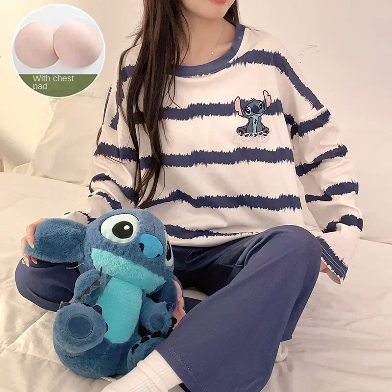 Disney cotton pajamas with chest pads, long-sleeved trousers, two-piece set, casual loose women\'s pajamas, Stitch loungewear