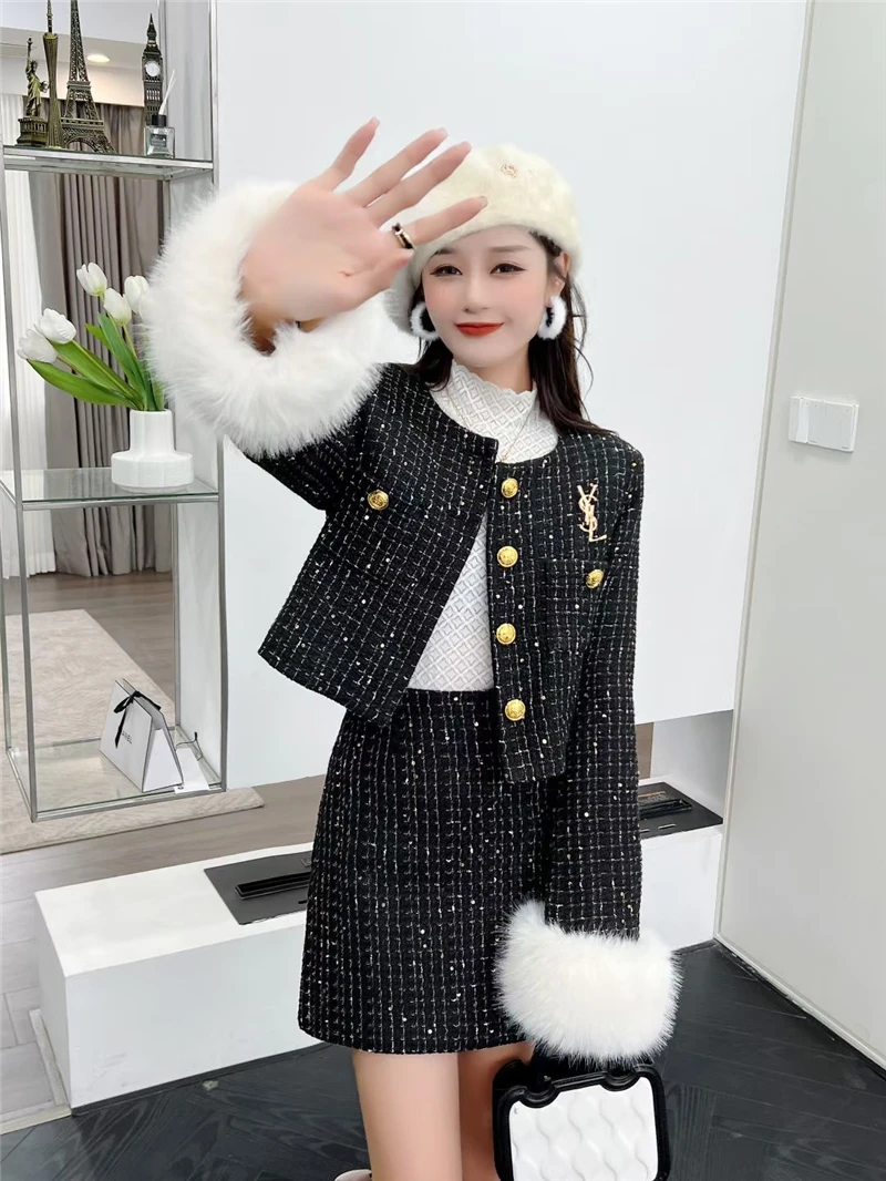 2024 Spring and Winter New High-grade Elegant Women's Woolen Thickened Quilted Suit Jacket Socialite Coat Top A-shaped Skirt Set