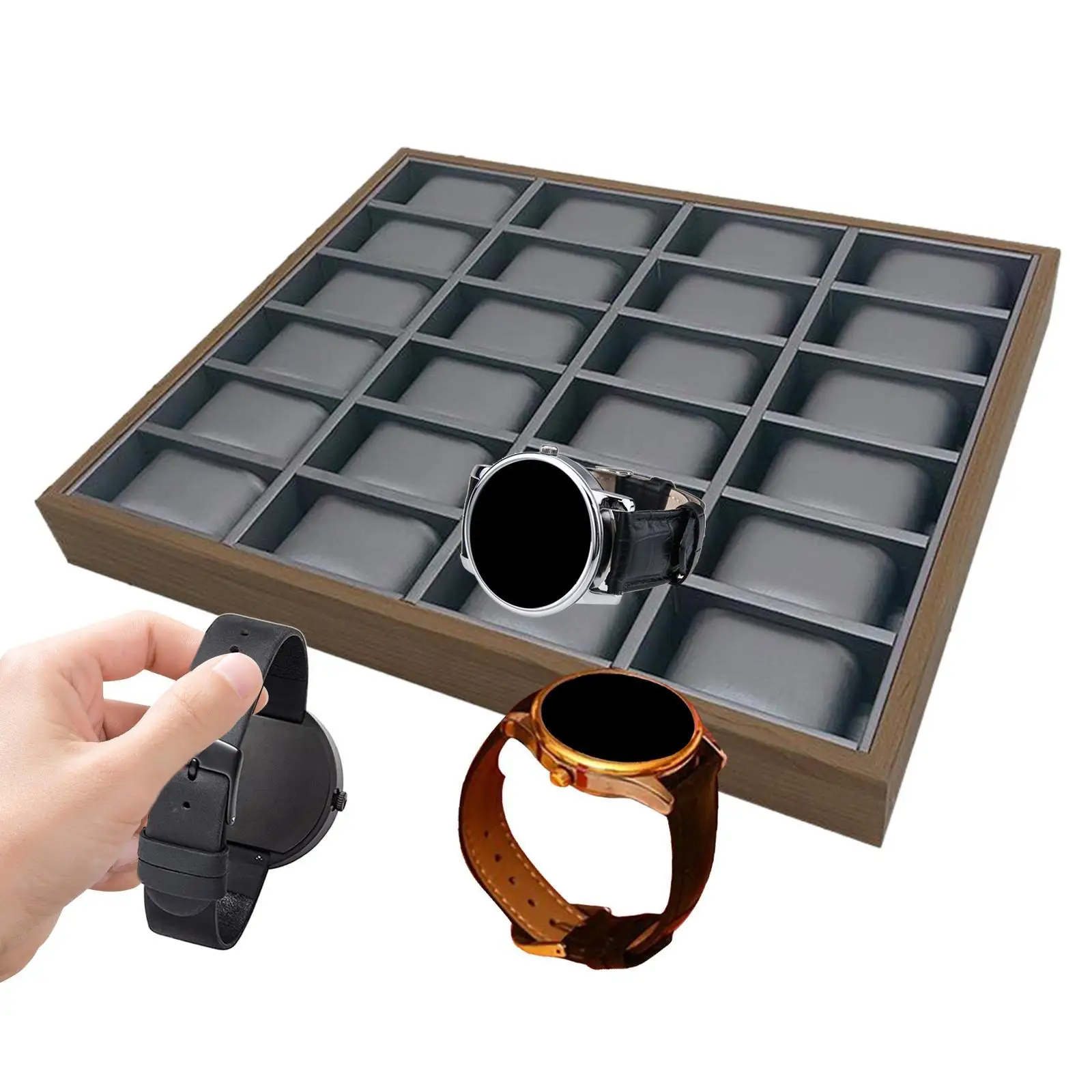 Caja expositora de relojes, organizador de relojes, estuche de almacenamiento rectangular, contenedor de joyería dividido para encimera, tobillera para hombre, pendiente, pulsera