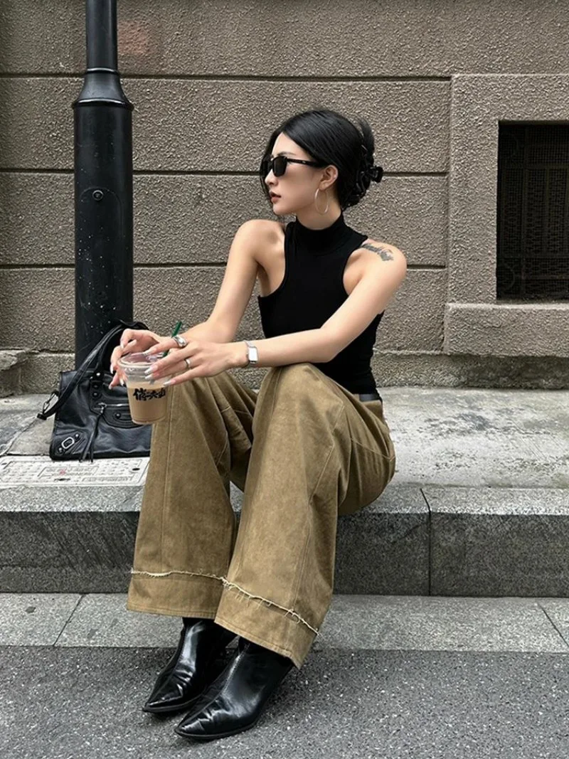 الموضة الأمريكية بسيطة الكاكي سراويل تقليدية النساء Y2K شارع العليا الرجعية فضفاض Harajuku الشارع عالية الخصر بنطلون مستقيم