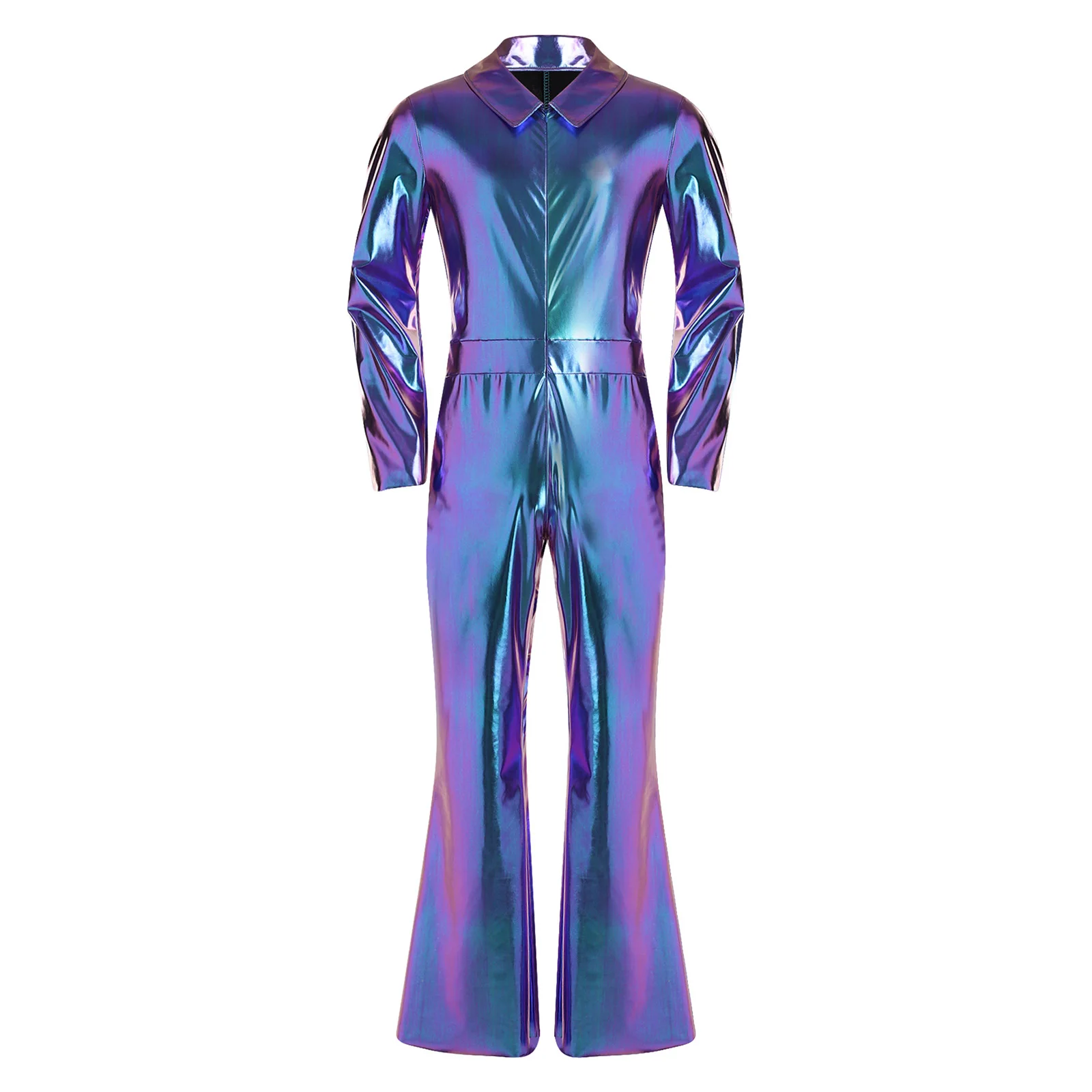 Men 70s Disco Jazz Dance Performance Costume Flare Sleeve Zipper Metallic Shiny Jumpsuit for Halloween Hippie Cowboy Cosplay