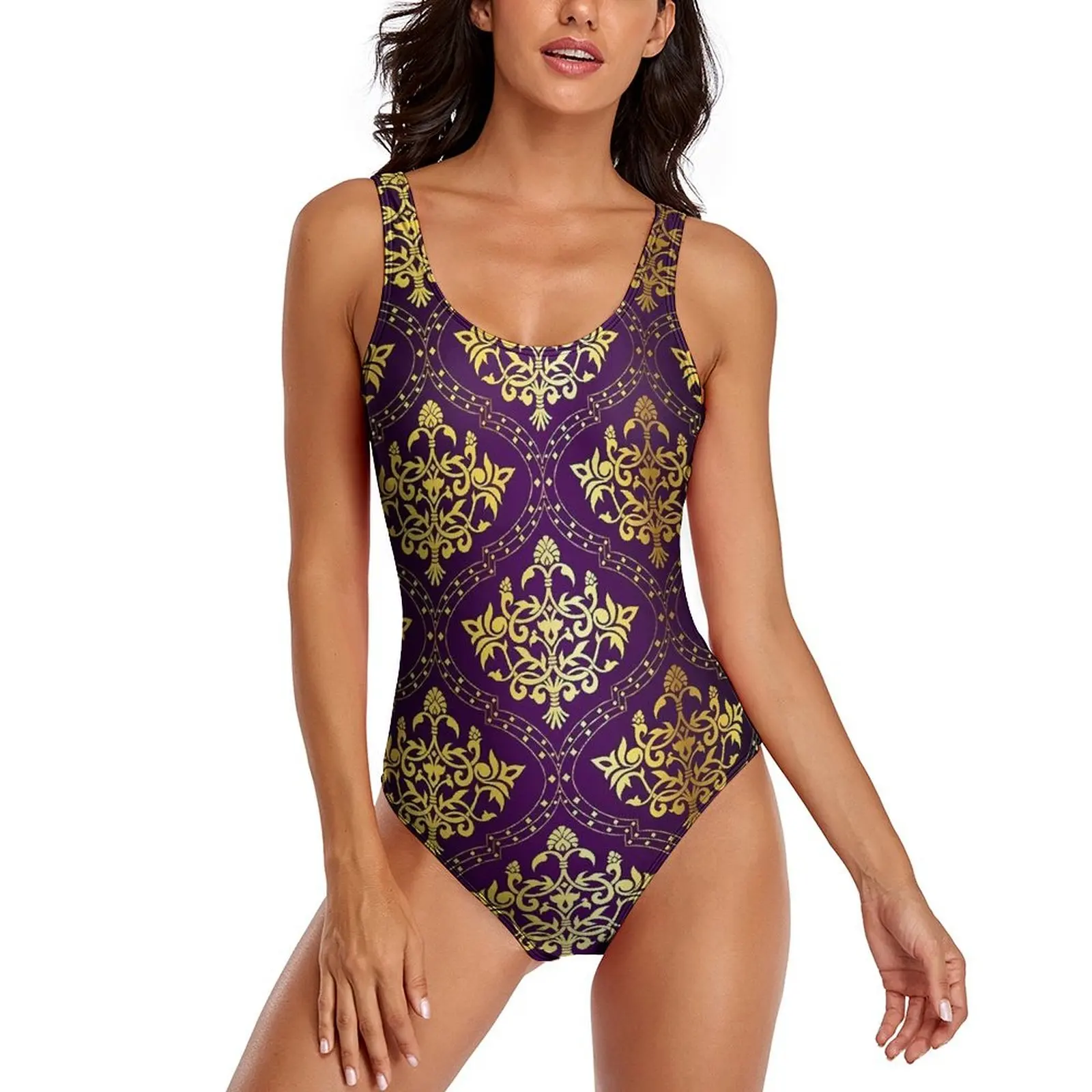 Vintage Damask Swimsuit Purple And Gold One Piece Swimwear Push Up Sweet Monokini Sexy Vacation Bath Design Swimsuits