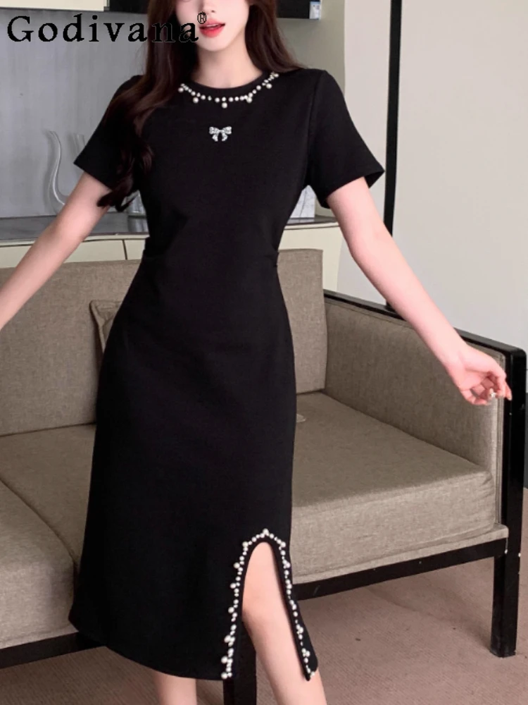 

Summer Large Size Temperament Heavy Industry Bead Crew Neck Black T-Shirt Dress Women Fashion High Waist A-line Split Dresses