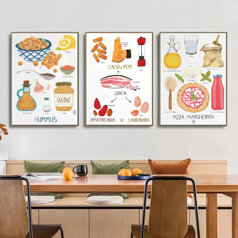 Watercolor Abstract Italian Kitchen Food Recipe Pasta Fruits Vegetables Aesthetic Canvas Poster Wall Art Pictures Home Decor