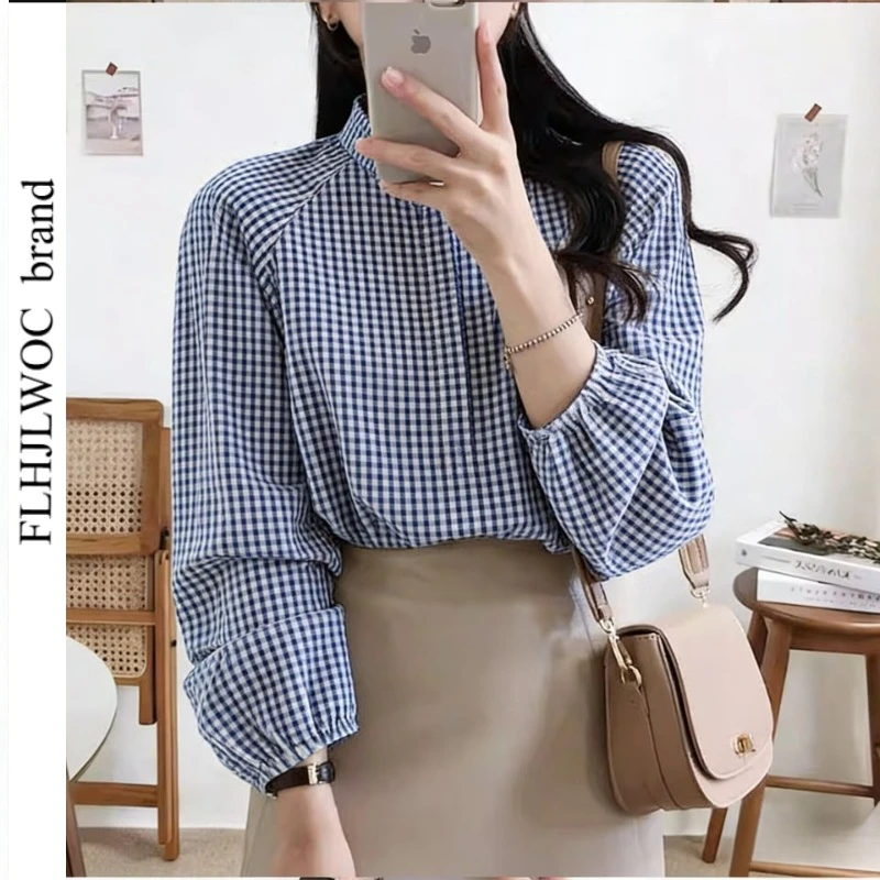 

Cotton Tops Blouses New 2026 Cute Girls Woman Long Sleeve Casual Blue Striped Retro Vintage Stand Collar White Plaid Shirts