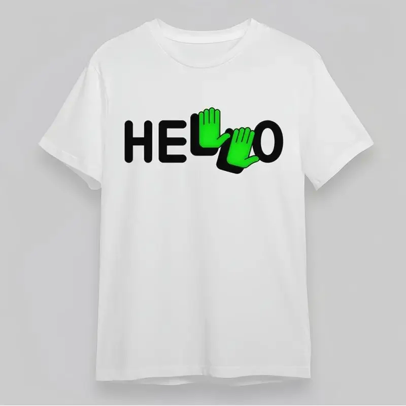 

Men'S Soft T Shirt Hello With Green Hand Letters Cotton White