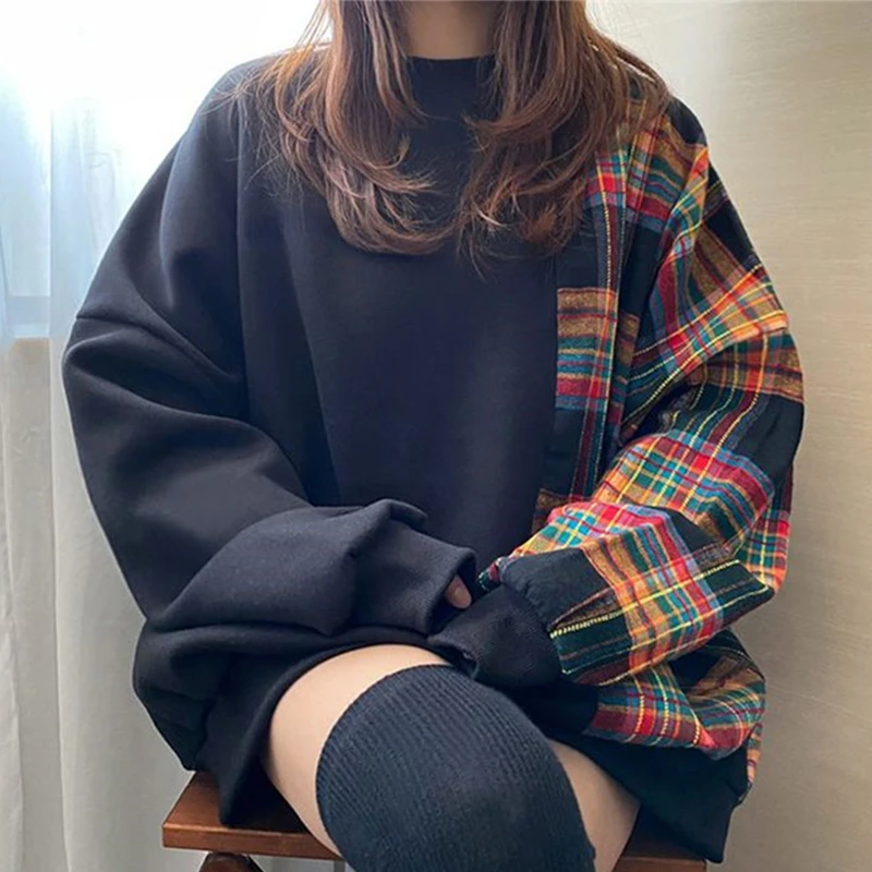 Korean Fashion Hoodies Plaid Patchwork Long Sleeve Casual Loose Sweatshirts Spring Autumn All Match Design Women\'s Clothing 2024