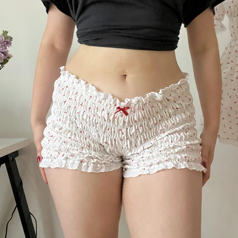 Cute Cherry Print Elastic Bloomers Shorts 2000s Retro Lace Trim High Waist Pants Coquette Y2k Cottage Fairy Pumpkin Pants Women