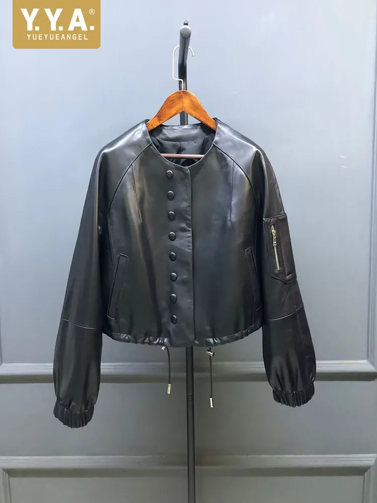 Giacca corta da donna chic in vera pelle con o-collo Cappotto monopetto con personalità Primavera Autunno Nuovo stile Capispalla in vera pelle di pecora