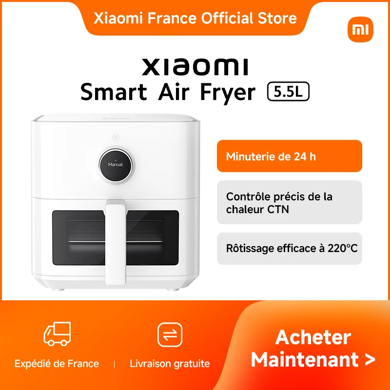 [Officiel] Xiaomi Smart Air Fryer 5.5L | Fenêtre transparente pour une meilleure surveillance, Décongélation à basse température, Minuterie de 24 h, Revêtement anti-adhérent de qualité alimentaire