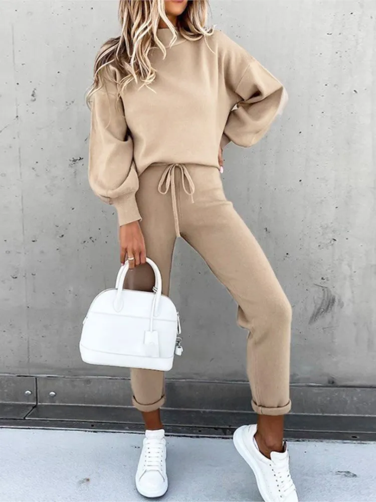 Autumn Winter Solid Color Hoodie Two-piece Sets Women\'s Casual High Collar Long Sleeve Sweatshirt And Drawstring Pants Suit