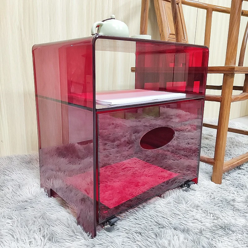 bedroom furniture transparent purple red acrylic storage cabinet bedside table, sofa small side table with wheels