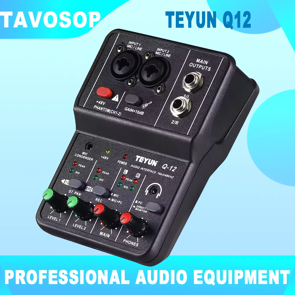 TEYUN Q12 2 Channels Professional Portable Audio Interface Sound Card Console Mini USB MIXER for Guitar Recording Studio Singing