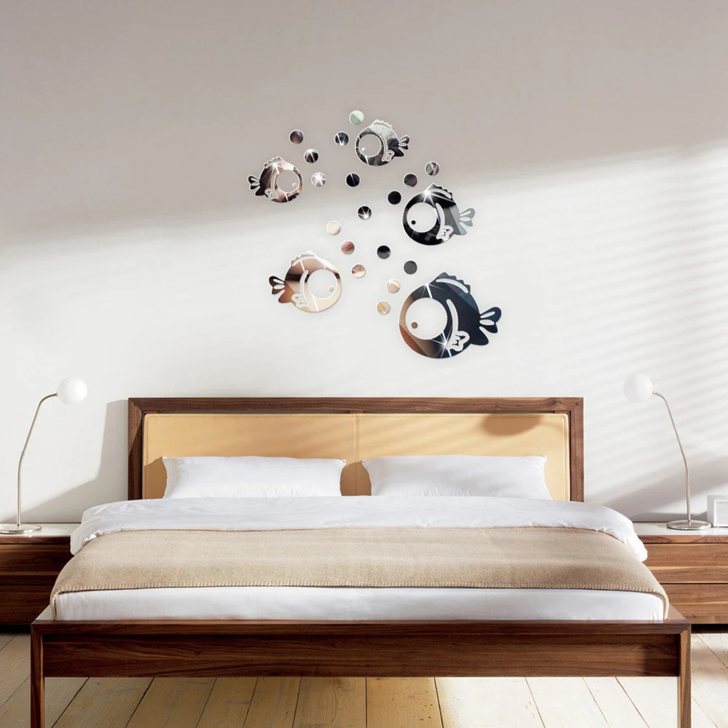 3D Fish Wall Sticker Home Decor Art Mural DIY for Living Room Acrylic Crystal Bathroom Mirror Stickers, L, Silver image 3