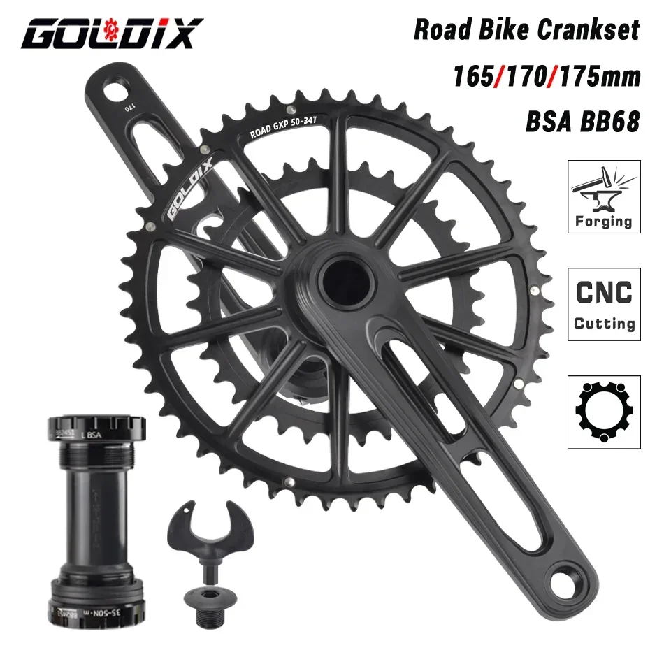 

GOLDIX Ultralight Road Bike Crankset Double Chainring 50-34T/52-36T/53-39T 165/170/175mm Length All CNC Cutting Bicycle Crank