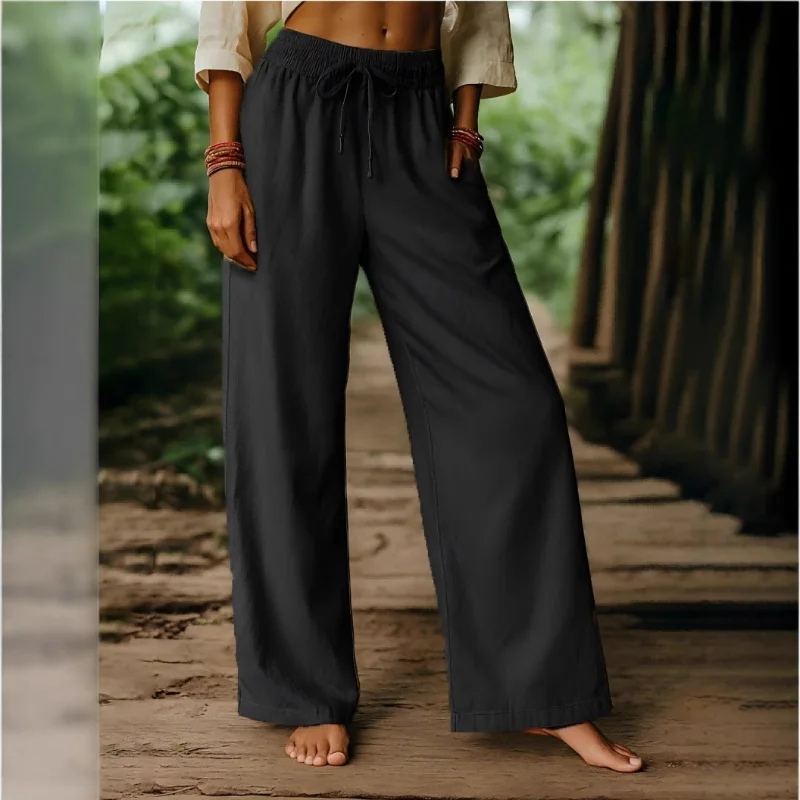 New Elastic Casual Solid Color Cotton Linen Trousers Wide-leg Pants