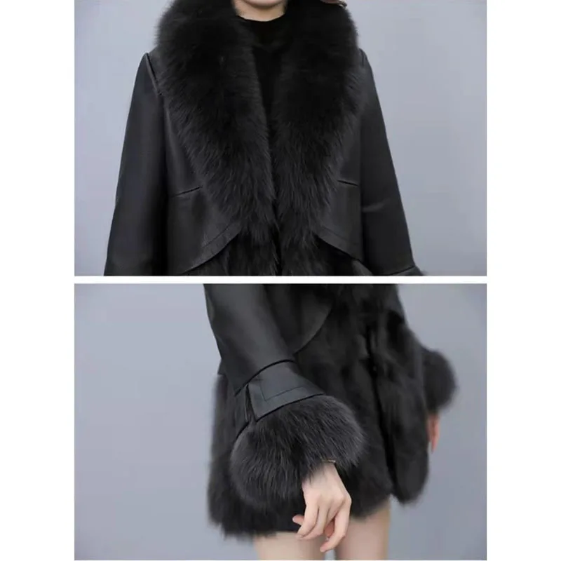 Chic Leather Jacket Women\'s Overcoat 2024 Autumn Winter New Faux Fox Fur Mid-Length PU Leather Stitching Thick Warm Coat Outwear