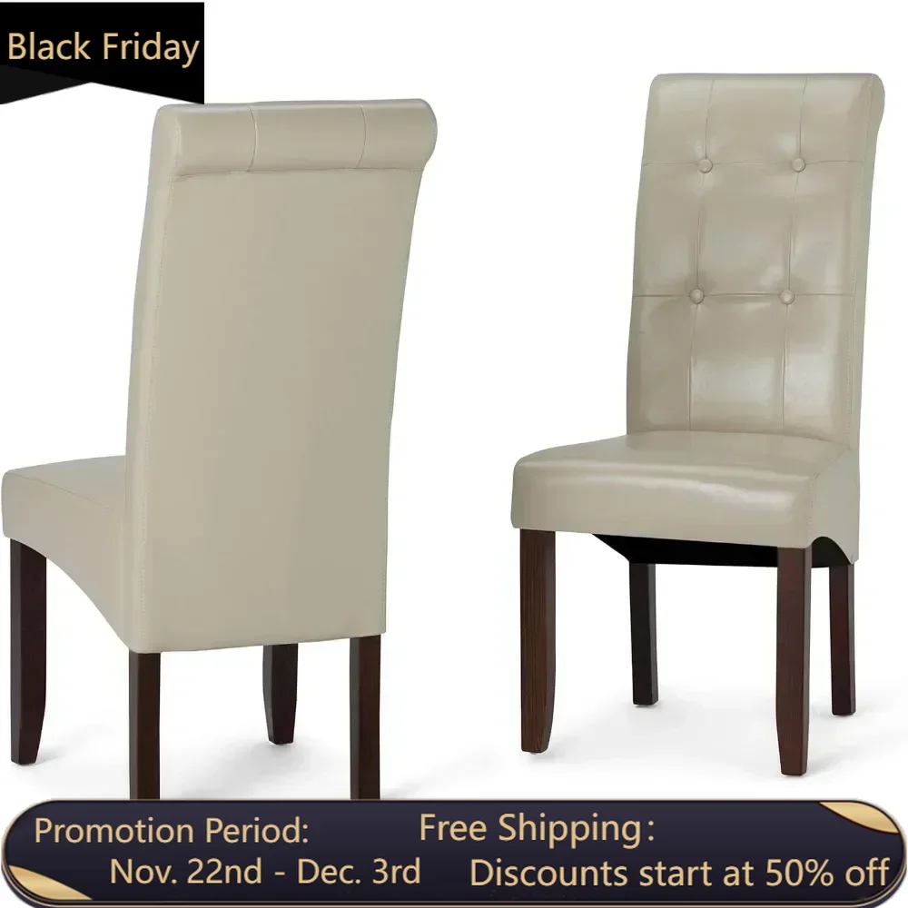 Dining Chair (Set of 2), Satin Cream Faux Leather and SOLID WOOD, Square, Upholstered, Dining Room Multi-functional Chair