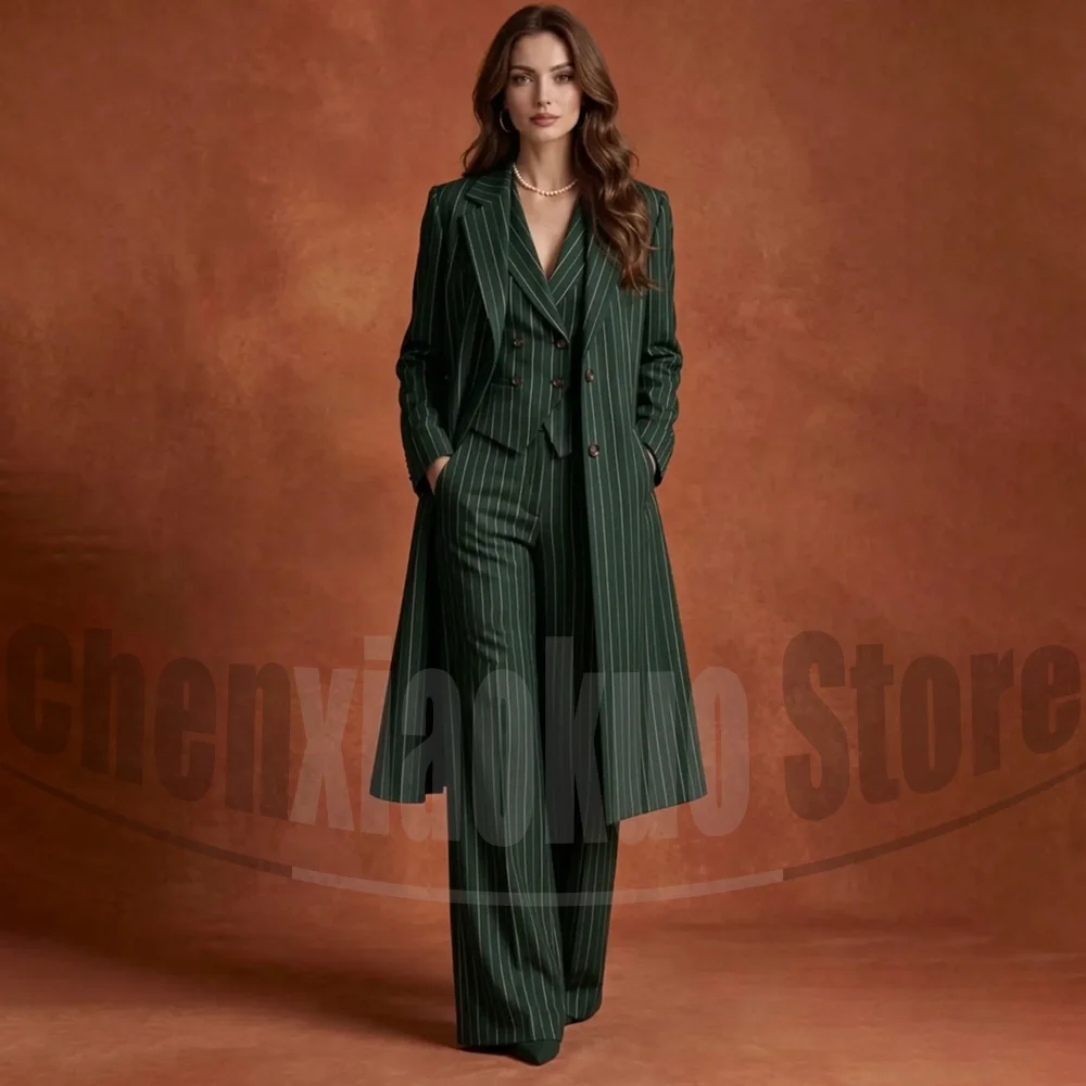 Fashion Women Striped Suit 3 Pieces Chic Long Coat Vest And Wide Leg Pants Elegant Business Casual Wedding Party Outfit