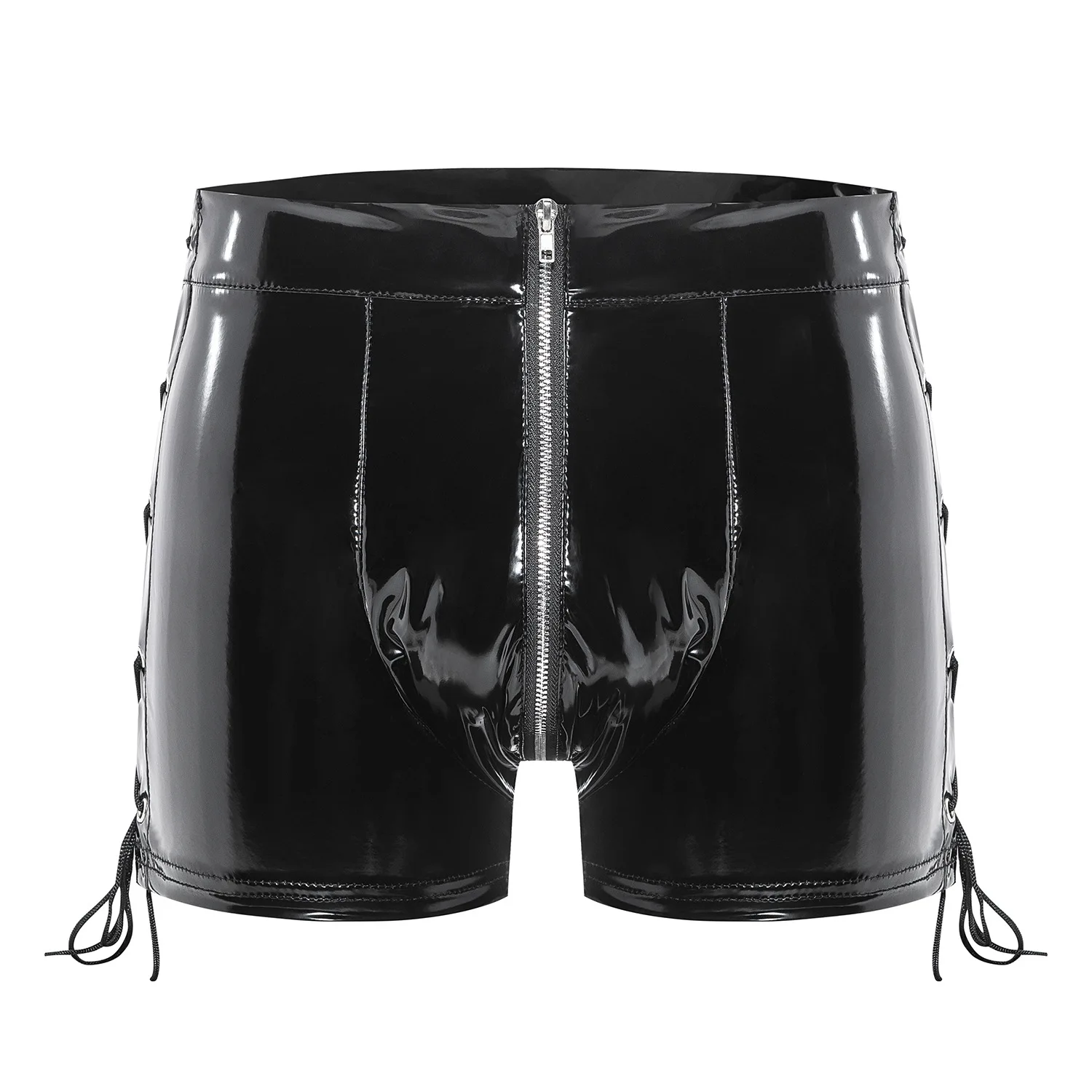 Men Glossy Bulge Pouch Underwear Side Hollow Out Lace-up Boxer Shorts Wet Look PVC Leather Panties Shiny Front Zipper Underpants