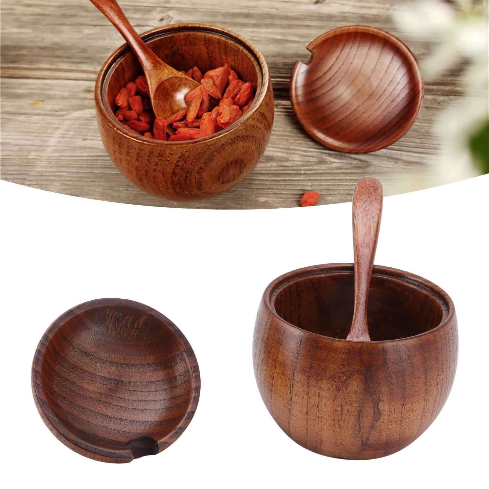 Wood Sugar Bowl Pepper Seasoning Box Wood Spice Jar Salt Box Seasonings Storage Container with Spoon Lid Kitchen Tools