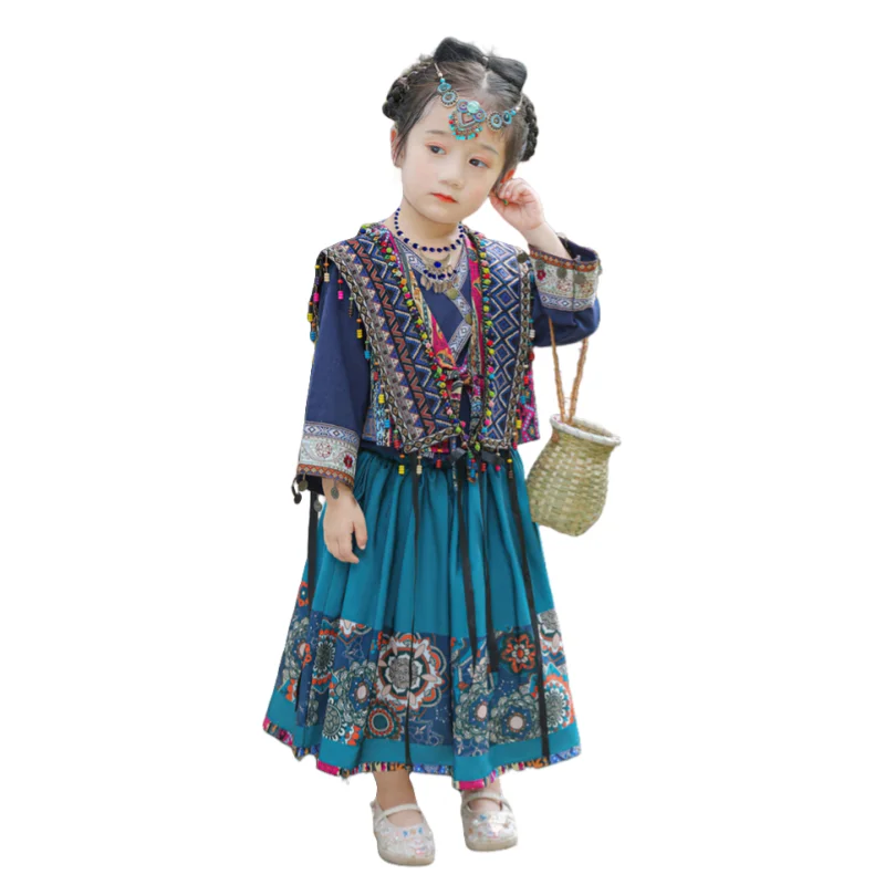 

Festival Party Attire Chinese Style Costume Traditional Improved Miao Ethnic Clothing Printed Embroidery Skirt Suit for Girls